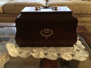 Williamsburg replica tea chest at estate sale.
