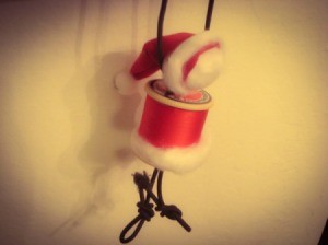 Spool Santa Ornament - finished and hanging by the string