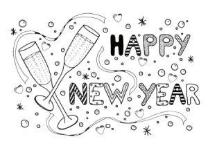 New Year Celebration Adult Coloring Page - design is two flute glasses, streamers, confetti and the words Happy New Year