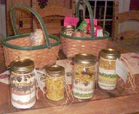 Jars of Friendship Soup Mix, tied with raffia and a card with instructions.