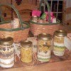 Jars of Friendship Soup Mix, tied with raffia and a card with instructions.