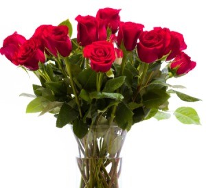 A vase full of red roses.
