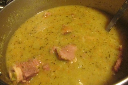 Ham and Green Split Pea Soup in pot.