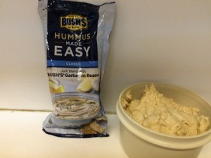 Hummus made from a prepared packet and garbanzo beans.