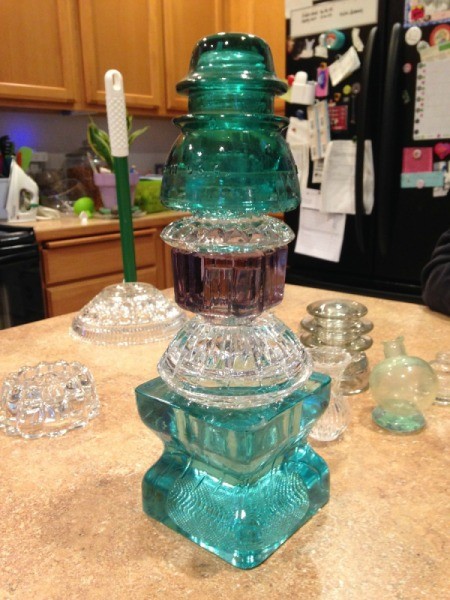 Thriftstore Glass Garden Tower - finished tower sitting on kitchen island