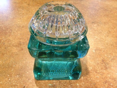 Thriftstore Glass Garden Tower - clear glass candleholder glued down onto the blue cylinder candleholder base