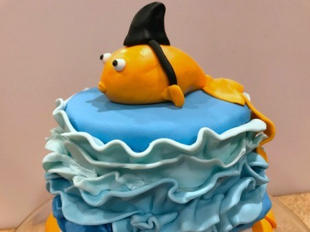 'Sharky' Goldfish Birthday Cake - view of finished cake from side