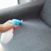 Hand spraying sofa with vinegar.