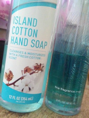 A bottle of Island Cotton hand soap, next to the similar fragrance at Bath and Body Works.