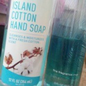 A bottle of Island Cotton hand soap, next to the similar fragrance at Bath and Body Works.