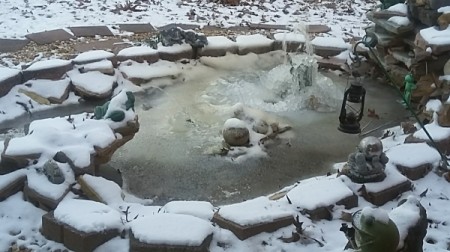 A frozen rock garden pond with a ceramic frog.