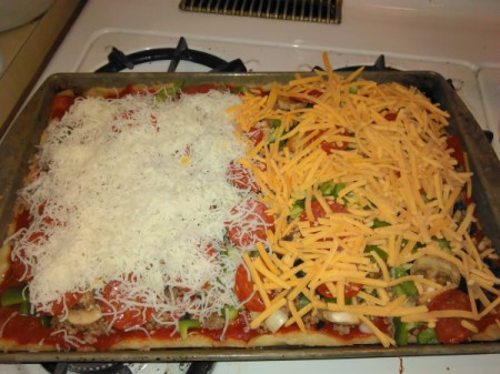 Homemade Pizza 2 kinds on one cookie sheet