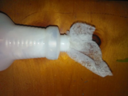 Homemade Static Guard - dryer sheet being placed in spray bottle