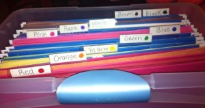 Sorting Construction Paper by Color - file box filled with labeled folders