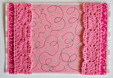 Abundant Hearts Valentine's Day Card - glue strip of lace to both sides of card slightly overlapping the washi tape