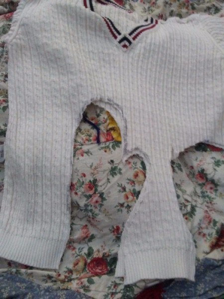 Cozy Mittens from Sweater - hand shapes have been cut out through both thicknesses