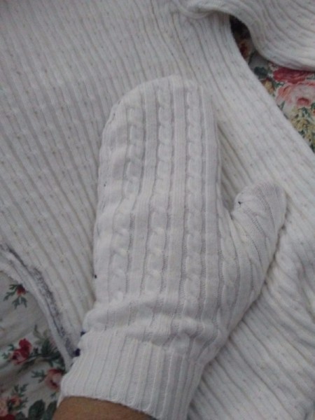Cozy Mittens from Sweater - hand inside one mitten