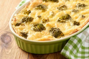 Casserole with potatoes, minced meat, broccoli and cheese.