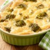 Casserole with potatoes, minced meat, broccoli and cheese.
