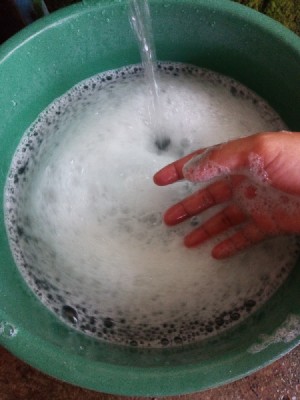 A bucket of soapy water.