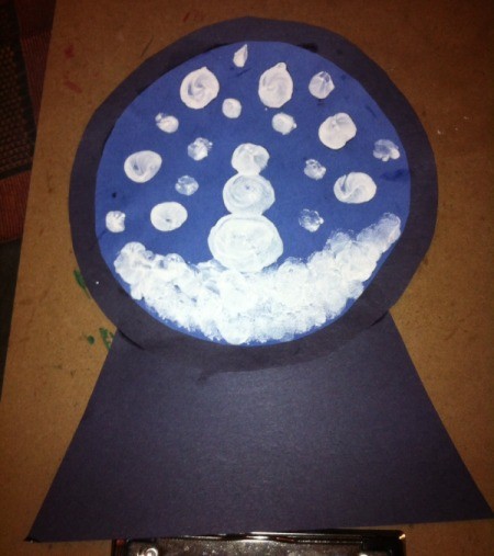 Fingerprint Snow Globe - with index finger and white paint make snow at base, then snowman and falling snow