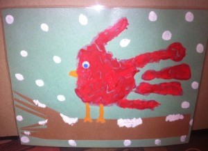 Handprint Winter Cardinals - finished painting of cardinal on snowy branch