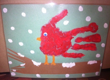 Handprint Winter Cardinals - after paint dries add the eye, if you laminate, glue eye after laminating