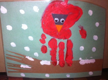 Handprint Winter Cardinals - example of front facing cardinal