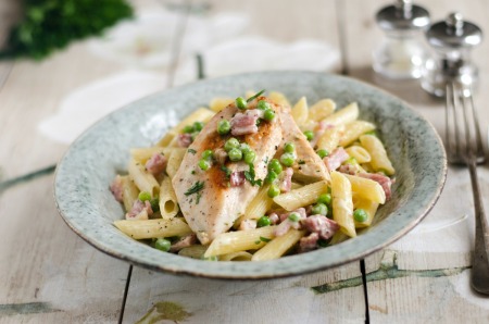 A plate of chicken with creamy penne.