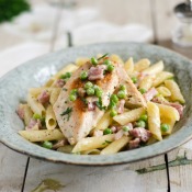 A plate of chicken with creamy penne.