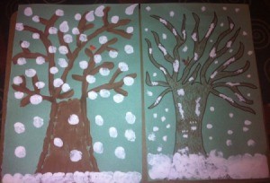 Winter Tree Finger Painting - two styles of snowy tree