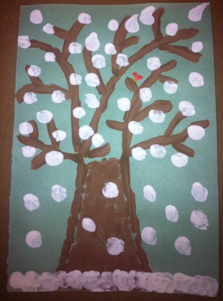 Winter Tree Finger Painting - add snow with fingertip