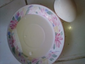 A plate of egg whites for use as hair gel.