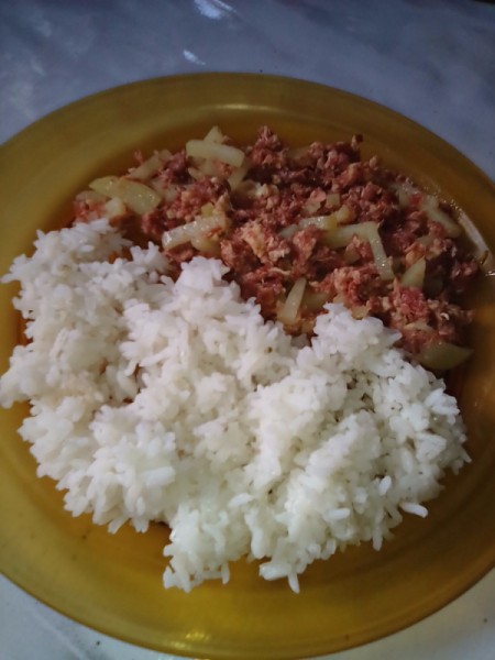 Corned beef and potato with rice on plate.