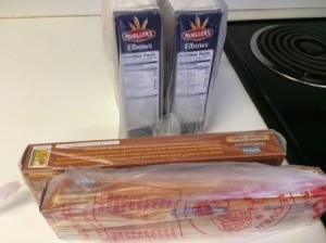 Pasta wrapped in plastic wrap to keep sealed from bugs.