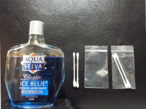 Aftershave and cotton swabs for making sachets.