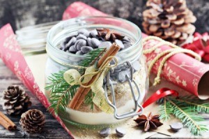A gift jar with ingredients for baking cookies.