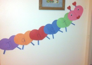 Name Heart Caterpillar - finished caterpillar hanging on the wall
