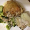 Chicken, potato and broccoli on plate