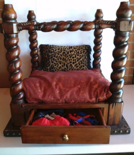 Recycled End Table as Canopy Pet Bed - finished bed with drawer open showing leash, etc.