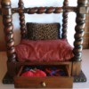 Recycled End Table as Canopy Pet Bed - finished bed with drawer open showing leash, etc.
