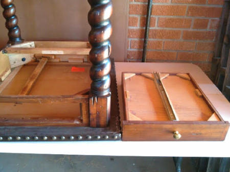 Recycled End Table as Canopy Pet Bed - drawer removed and sitting off to side