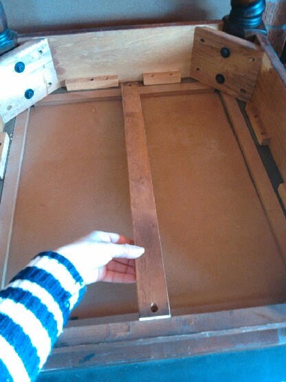 Recycled End Table as Canopy Pet Bed - place a beam on underside of the table for stability