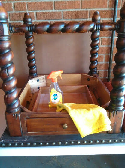 Recycled End Table as Canopy Pet Bed - table with bottle of polish and cloth
