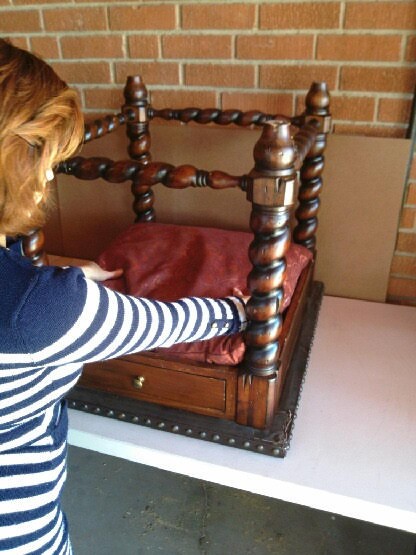 Recycled End Table as Canopy Pet Bed - placing a pillow for bed