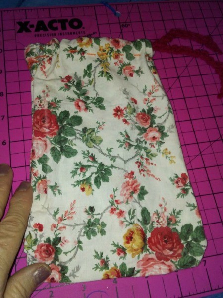 Small Fabric Bags with Crochet Drawstring - turn bag right side out and push out corners at bottom with crochet hook
