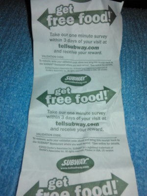 A fast food receipt from Subway