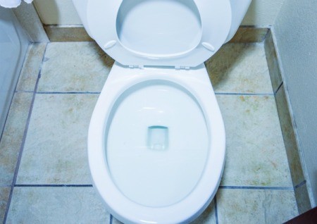 Bathroom toilet with the seat up.