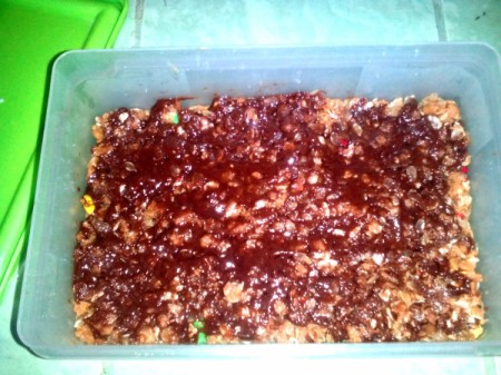 Spread chocolate on peanut butter mixture in square pan