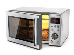 A silver microwave on a white background.